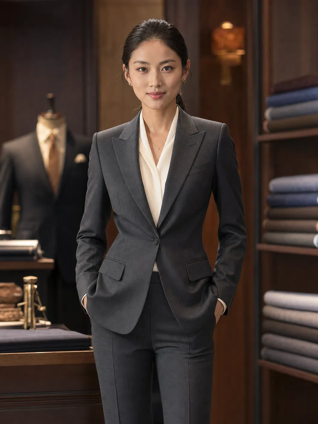 Elegant Asian woman in a tailored business suit at WAS Concept Tailor showroom