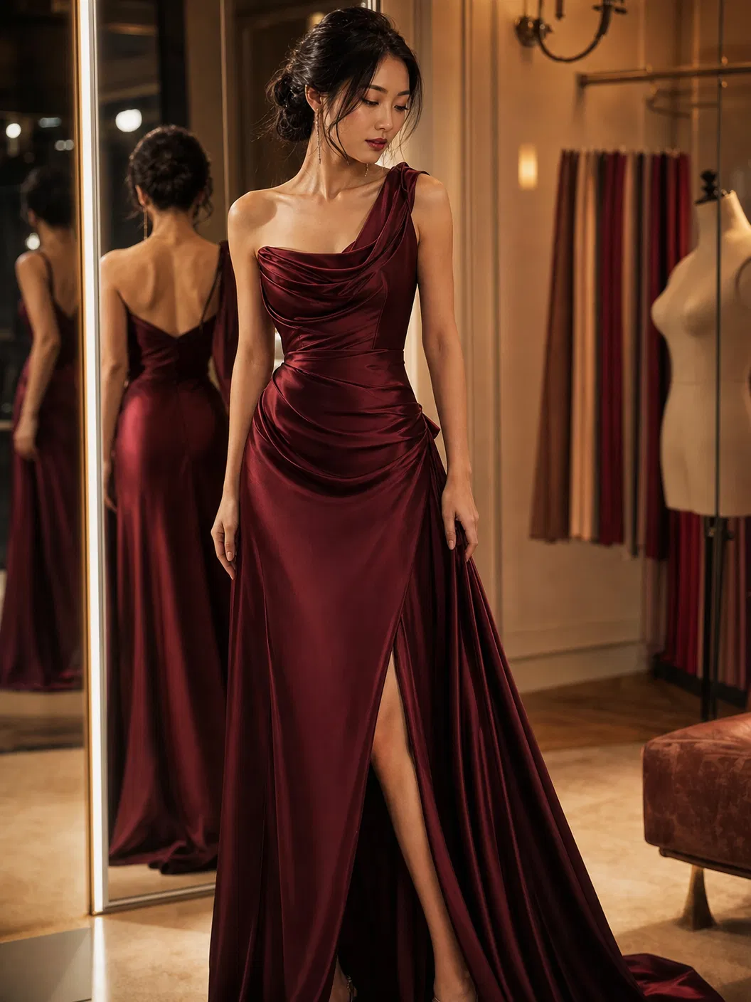 Custom burgundy silk evening dress