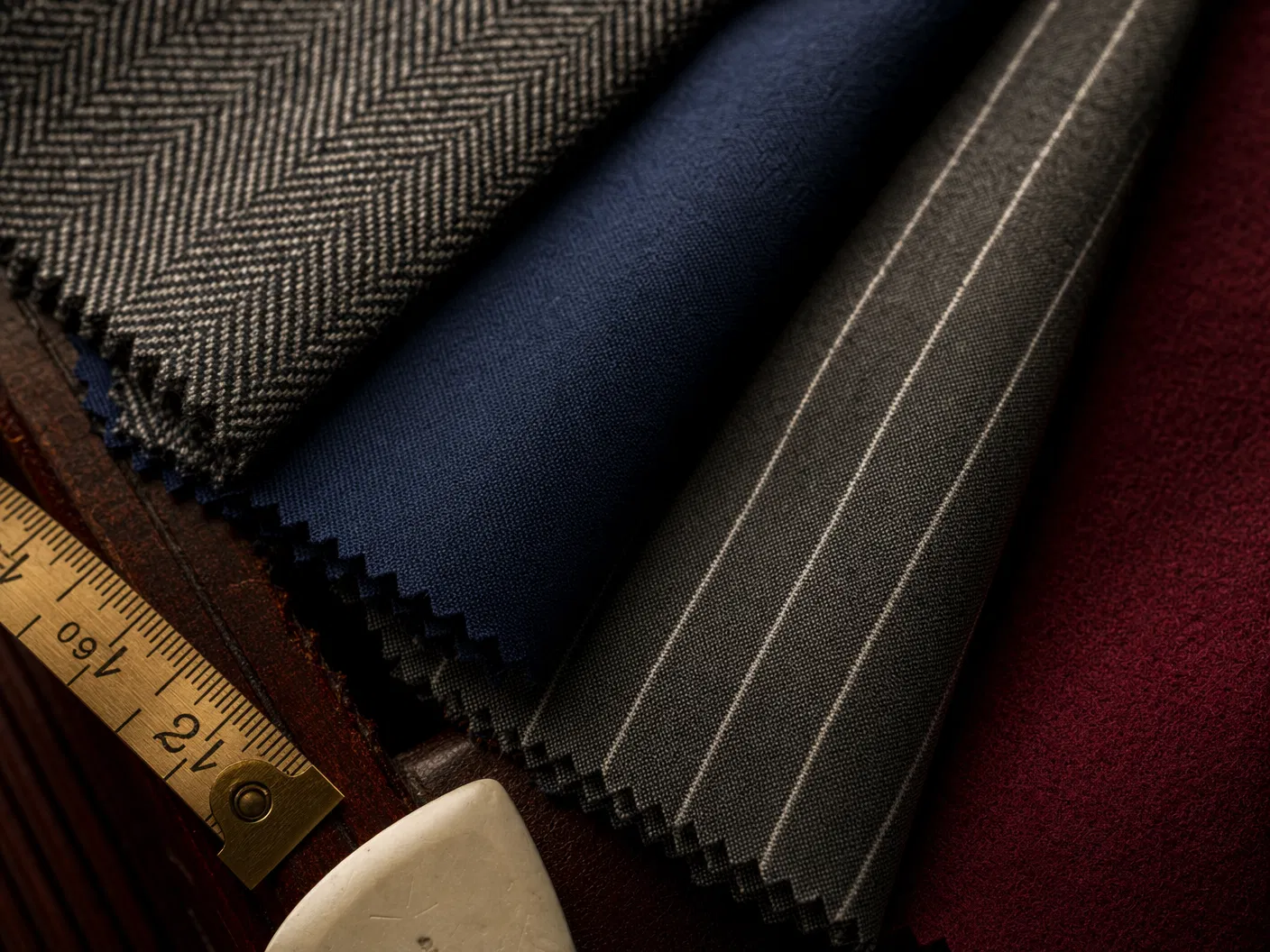Premium suit fabrics including herringbone, navy wool, and cashmere