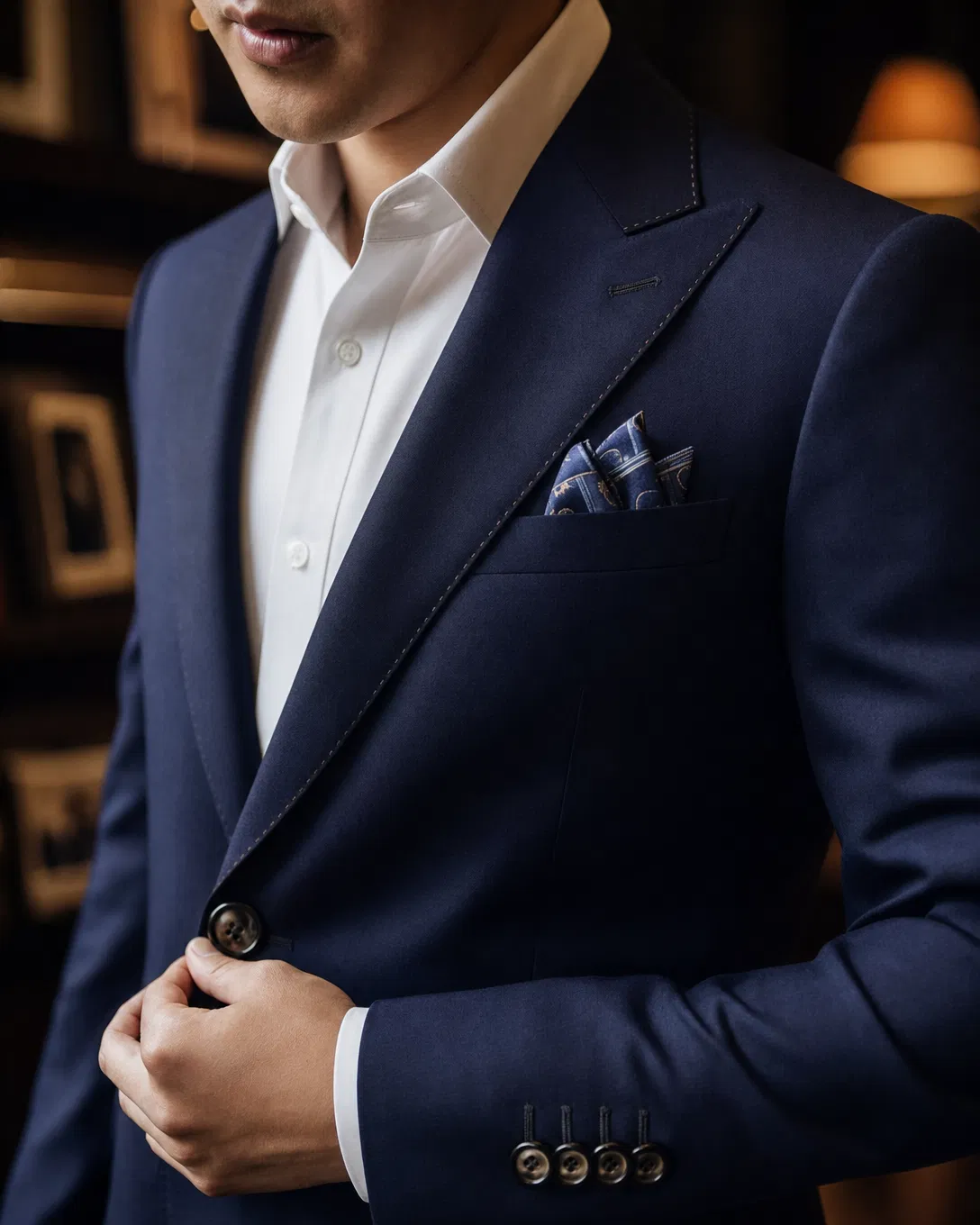 Navy blue bespoke business suit with hand-stitched details
