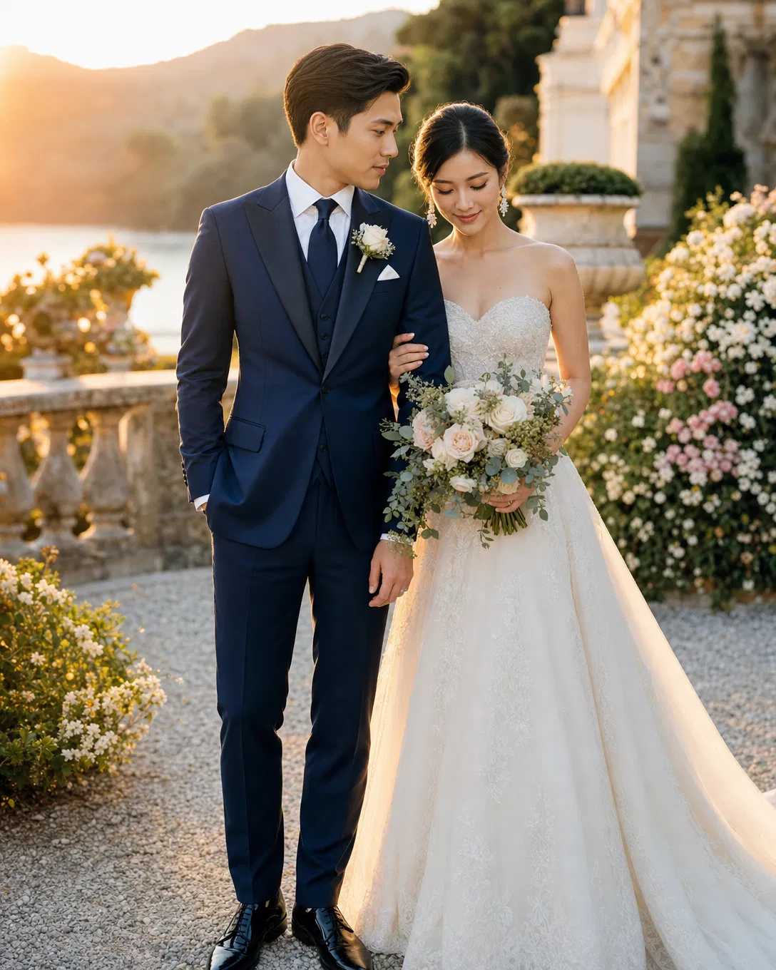 Midnight blue three-piece wedding suit for groom
