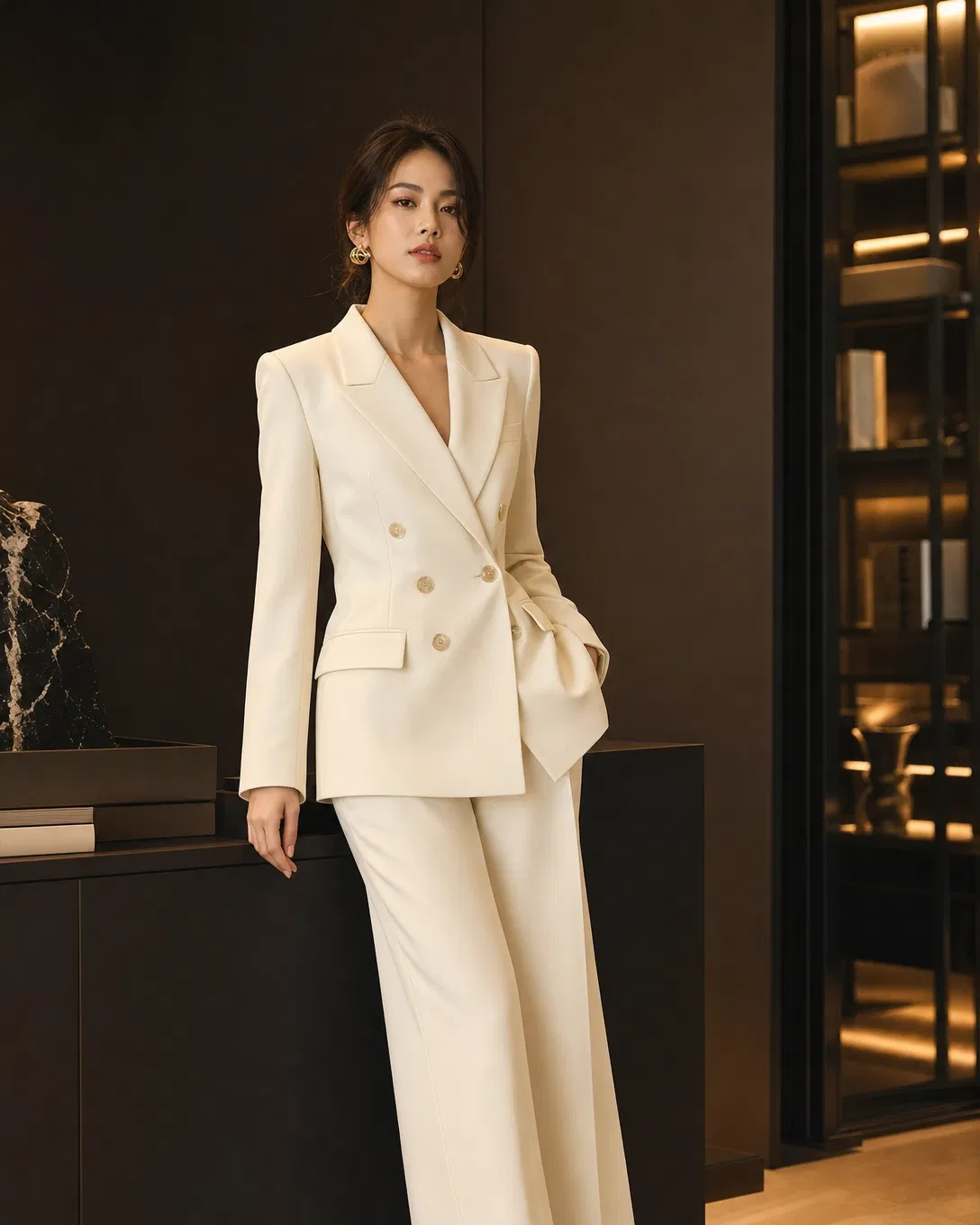 Cream white double-breasted blazer suit for women