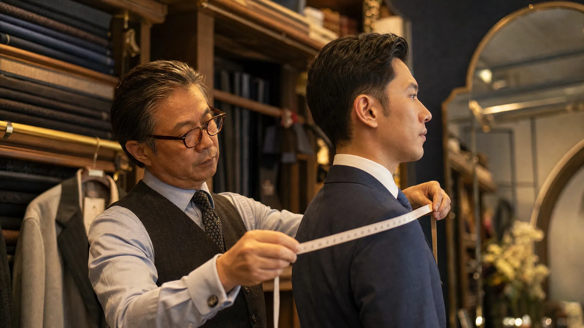 Master tailor taking precise measurements for a bespoke garment