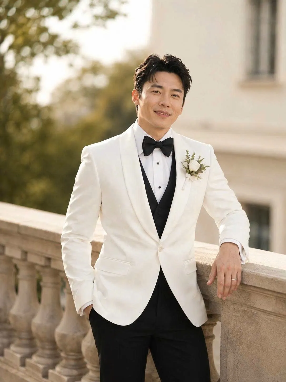 Groom in a white tuxedo wedding suit
