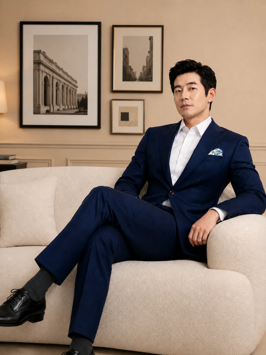 Man in a navy bespoke suit
