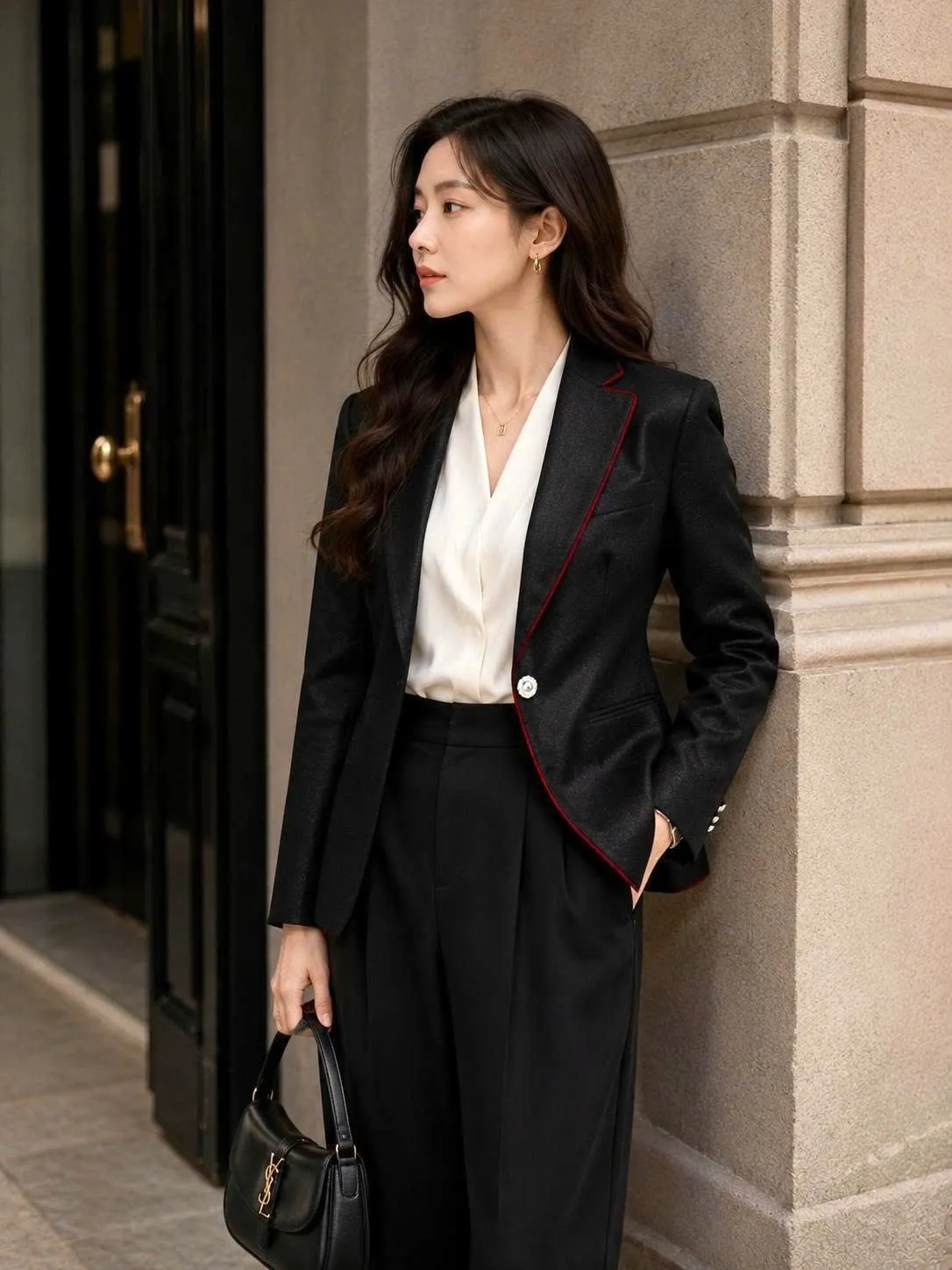 Woman in a tailored black blazer
