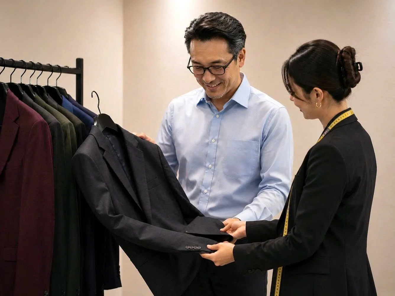 Client and tailor reviewing a bespoke suit at WAS Concept Tailor