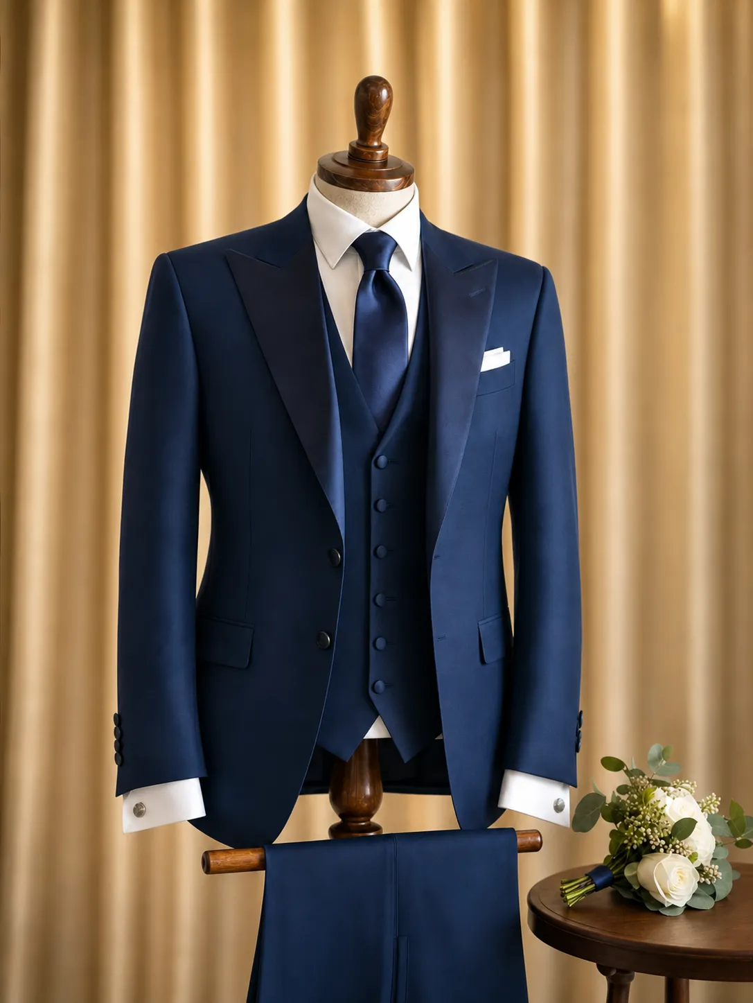 Navy three-piece bespoke wedding suit on display