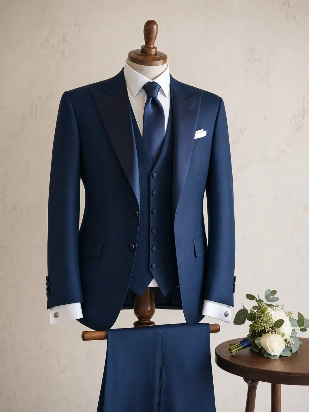 Elegant bespoke midnight blue wedding suit